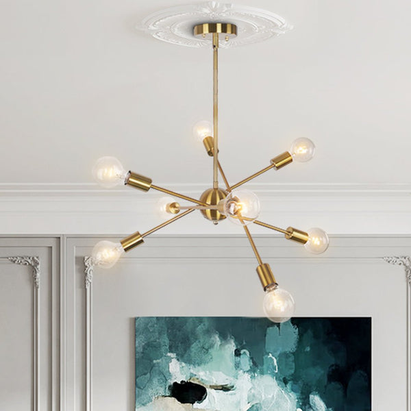 Thehouselights-Mid-Century Sputnik Modern Linear Chandelier-Chandelier-8 Bulbs-Brass