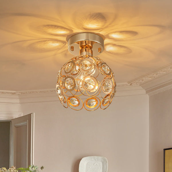 Thehouselights-Mini Antique Metal Crystal Gold Semi Flush Mount-Ceiling Light-Gold-