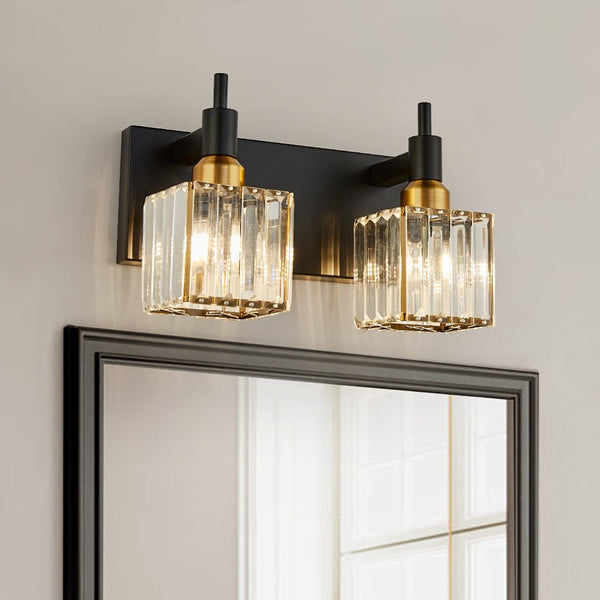 Thehouselights-Modern Glam Crystal Wall Sconce Bathroom Vanity Light-Wall Lights-Black+Gold-2-Light