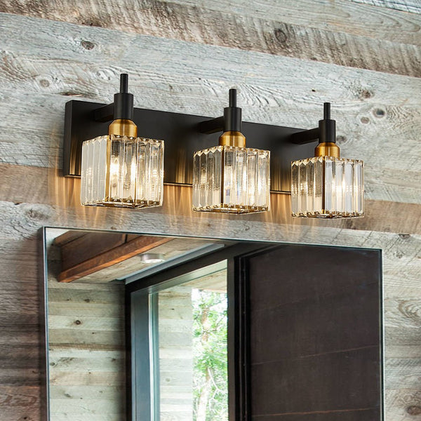Thehouselights-Modern Glam Crystal Wall Sconce Bathroom Vanity Light-Wall Lights-Black+Gold-3-Light