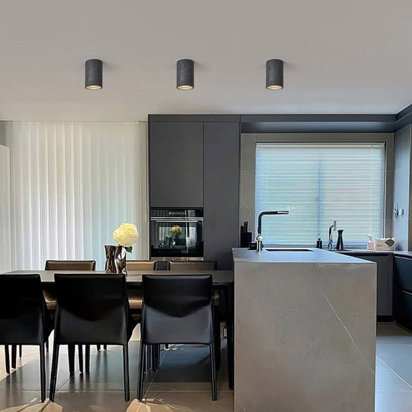 Thehouselights-Modern LED Cylinder Stone Flush Mount Ceiling Light-Ceiling Light-Black-Warm White