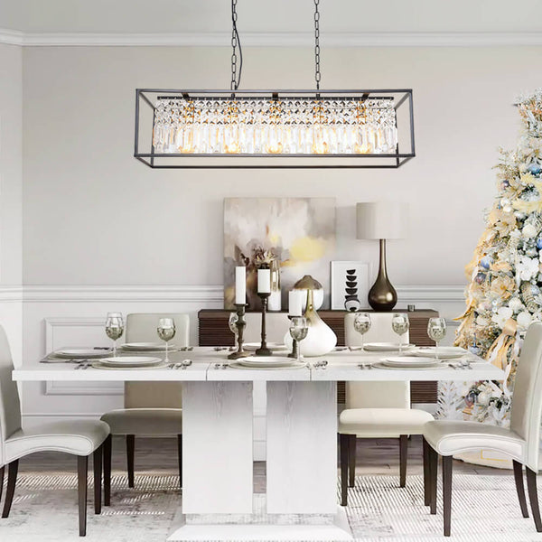 Thehouselights-Modern Rectangle Crystal Island Linear Chandelier-Chandelier--