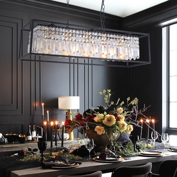Thehouselights-Modern Rectangle Crystal Kitchen Island Chandelier-Chandelier--