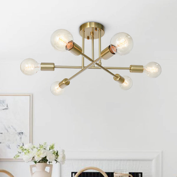Thehouselights-Six-Light Sputnik Semi Flush Ceiling Light-Flush Mount-Brass-